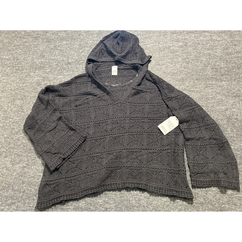 Time and Tru Crochet Hoodie Women M Black NEW Cotton Knit Boho Coverup Pullover
